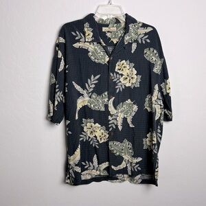 Tommy Bahama silk Hawaiian Floral leaf navy cream shirt Hawaiian vacation size L